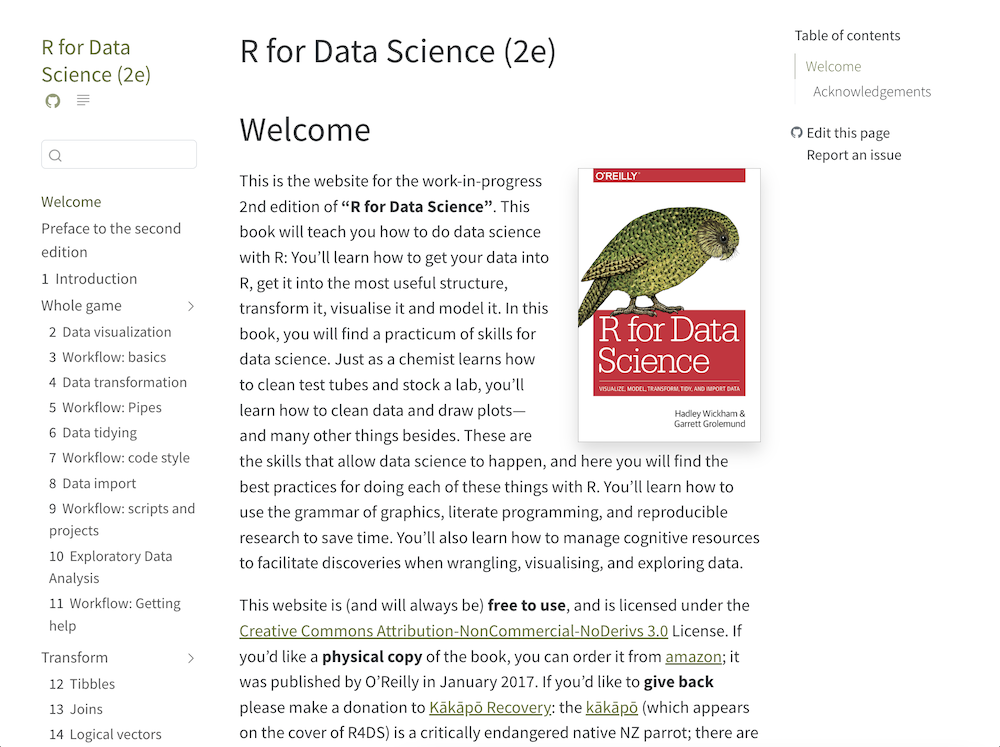 A welcome page beside the red O'Reilly cover featuring a green kakapo parrot
