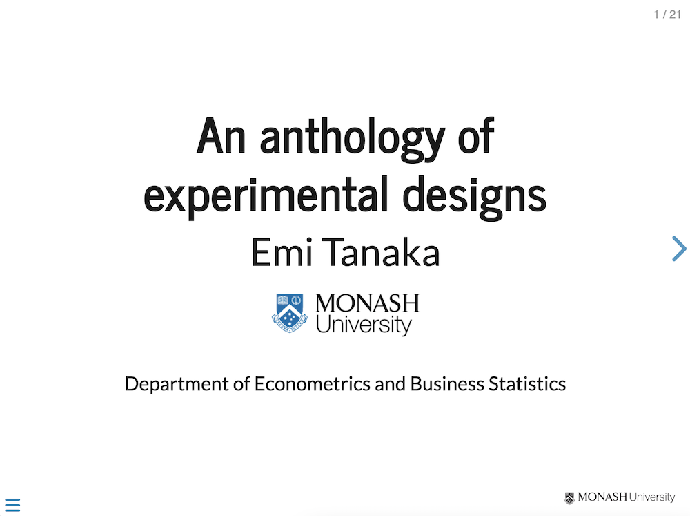 Centered title An anthology of experimental designs by Emi Tanaka with Monash University logo