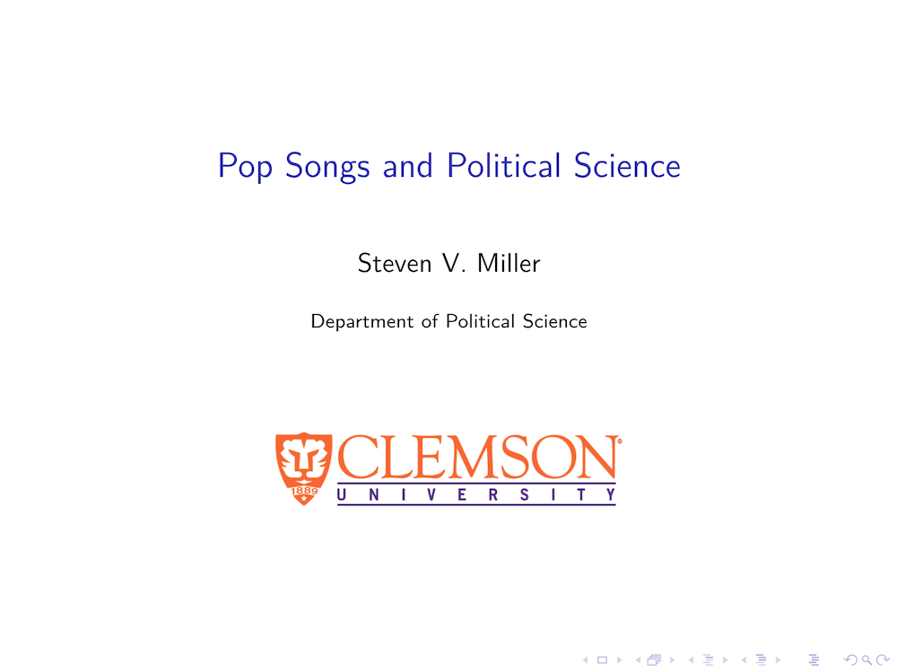 Beamer title slide for Pop Songs and Political Science with an orange Clemson University logo