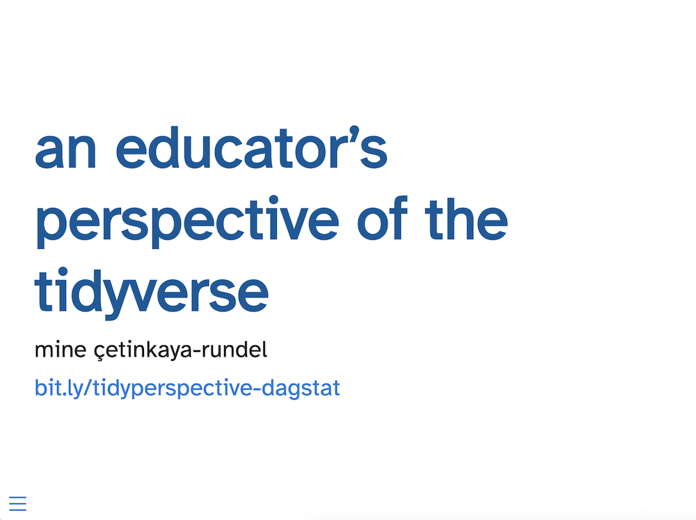 Large blue lowercase title an educator's perspective of the tidyverse with author and link