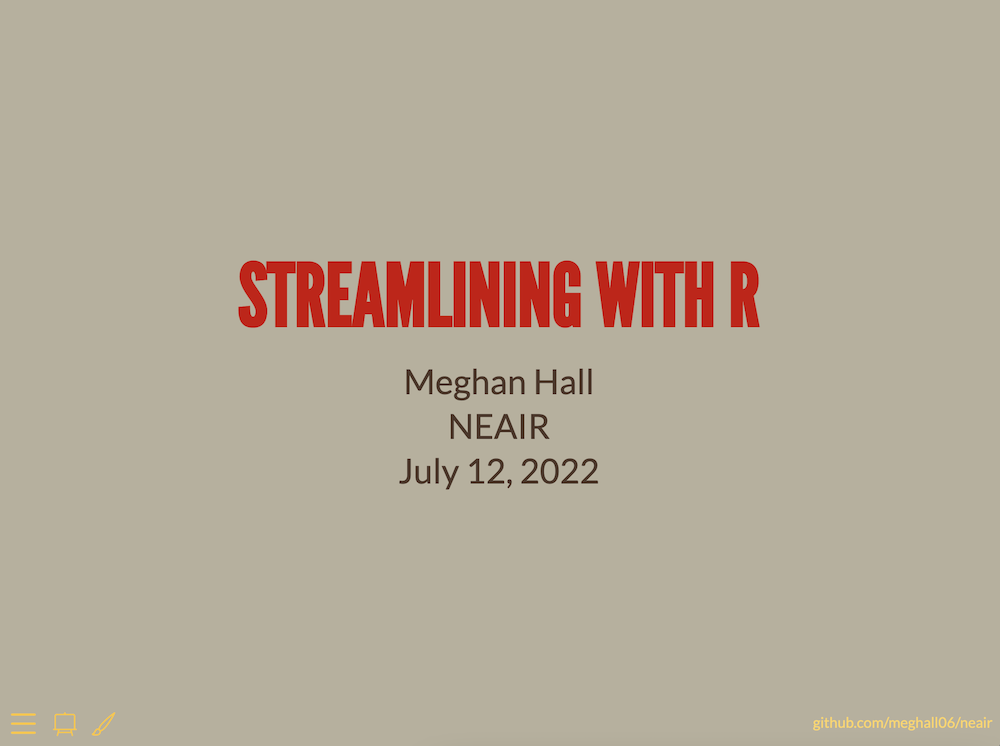 Bold red title Streamlining with R centered on a muted tan background with author details