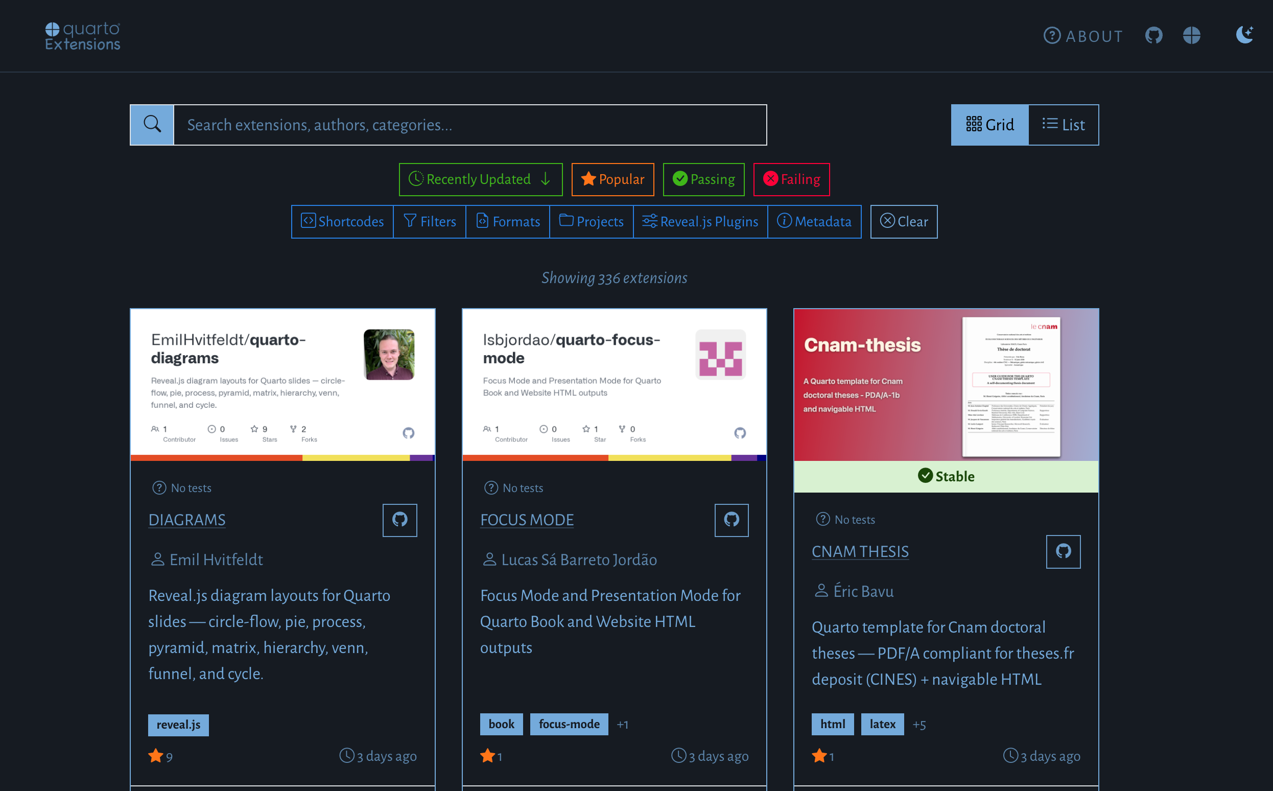 A dark extensions directory with a search bar and three-column grid of listing cards