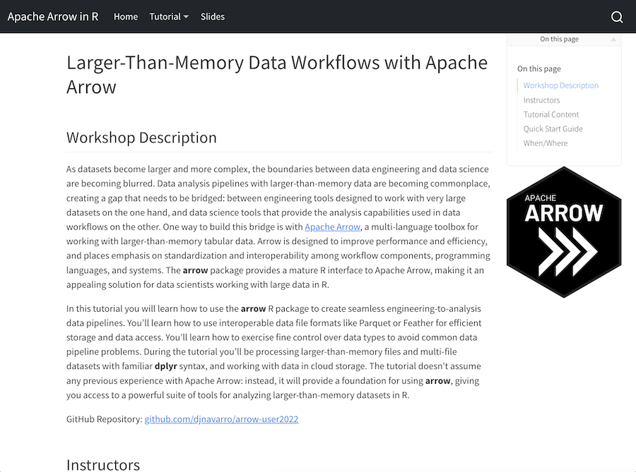 Workshop page with dark header and the black Apache Arrow hexagon logo on the right