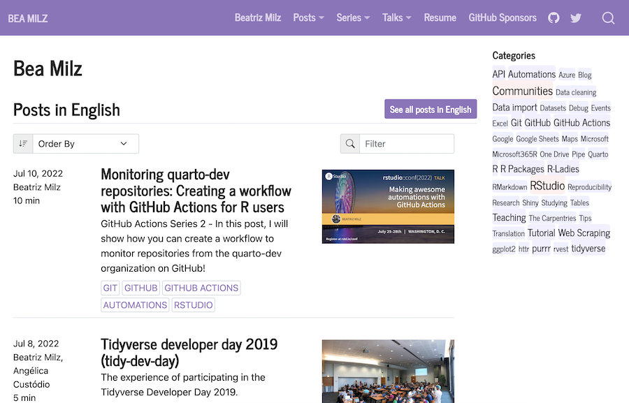 Purple-header blog listing posts in English with a category word cloud on the right