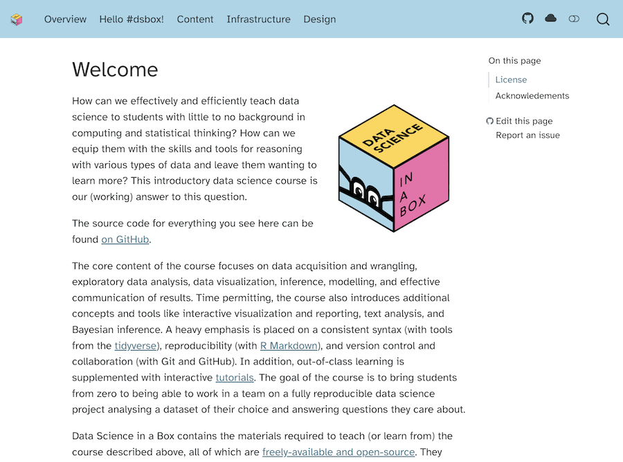 A course welcome page with an isometric pink and blue Data Science in a Box cube