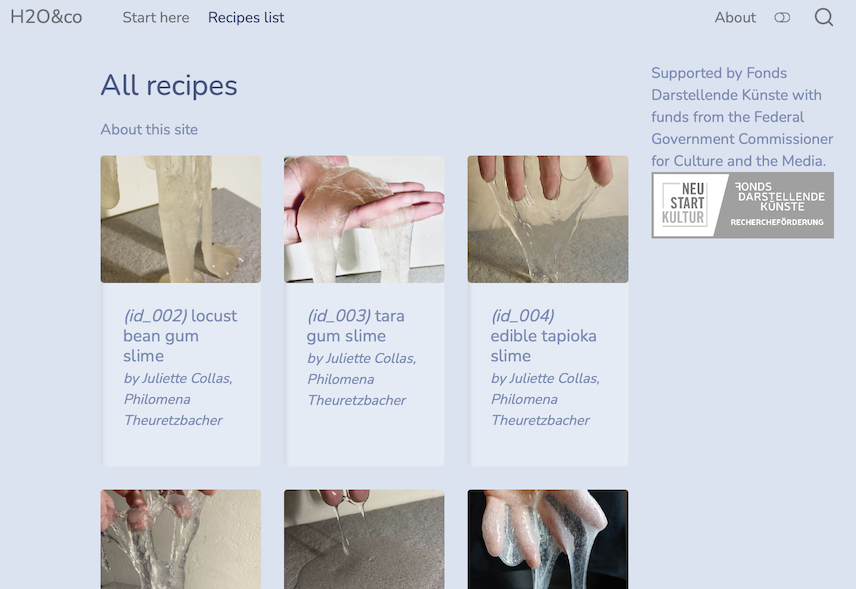 A recipe gallery of photo tiles showing hands stretching translucent slime