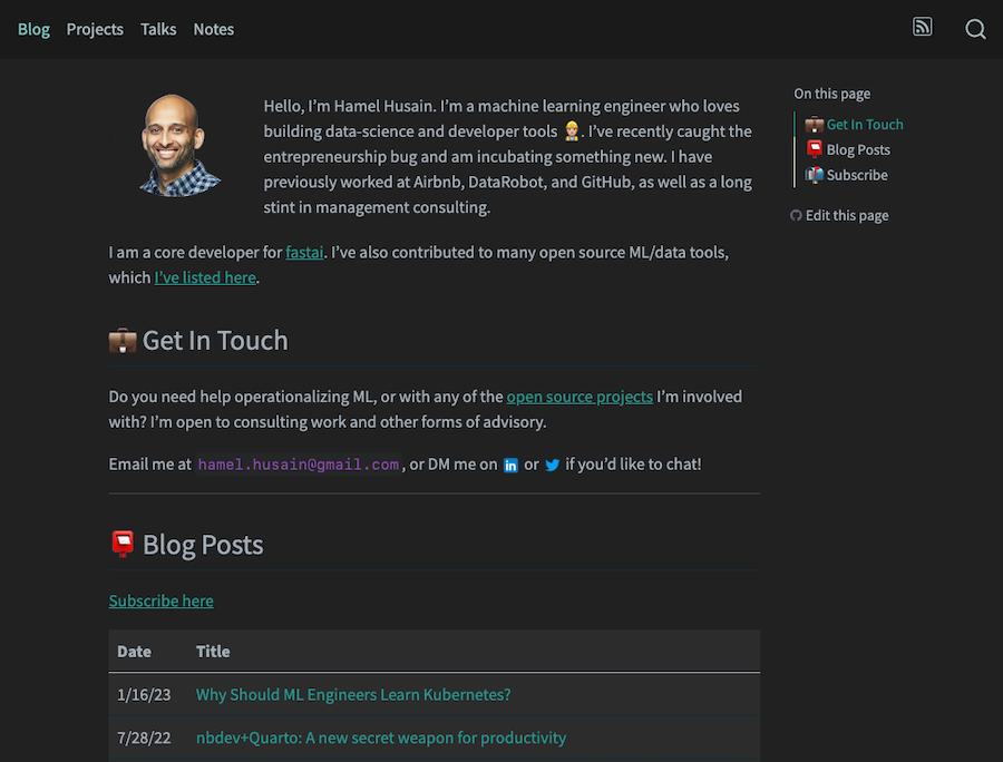 A dark personal site with a headshot, bio, and a table of blog posts