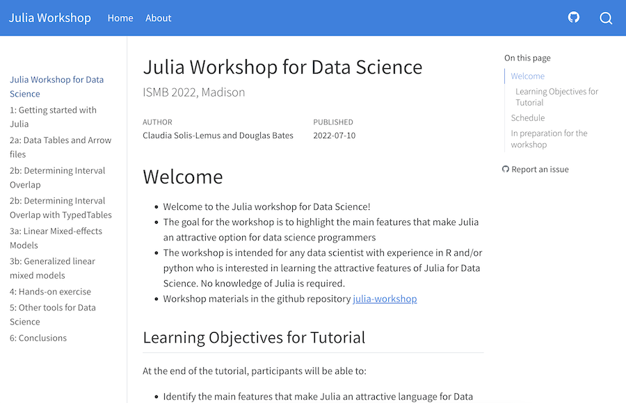 Course page with left contents sidebar and a bulleted welcome to the data science workshop