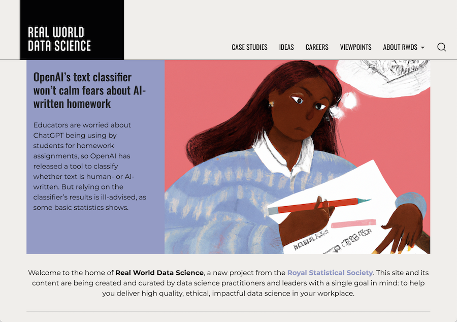 A hero with an illustrated woman writing beside an AI-classifier headline block